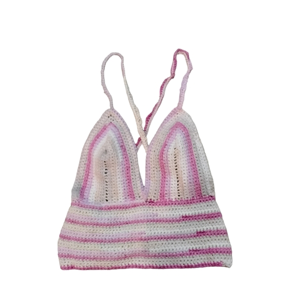 Hand Crafted Tops - Crochet Cropped Halter Top Womens Medium Boho 90s Y2K Festival Balletcore Barbie